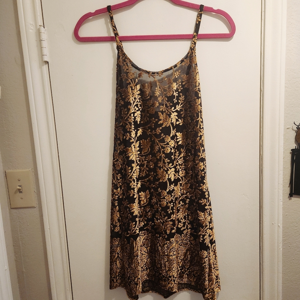 Romantic Moods Vintage Black Sheer Velour Gold Floral Slip Dress M